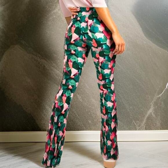 New XS Green Pink Plisse High Rise Flare Pants Textured Retro Abstract Patterned - Picture 1 of 6